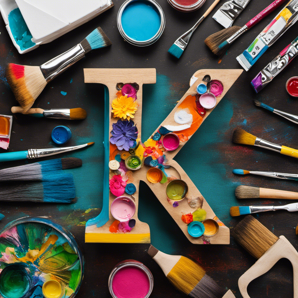 An image showcasing a hands-on DIY project in progress: a wooden letter being painted with vibrant colors, surrounded by various art supplies like brushes, paint tubes, and stencils, inspiring readers to learn how to personalize their own letter decor