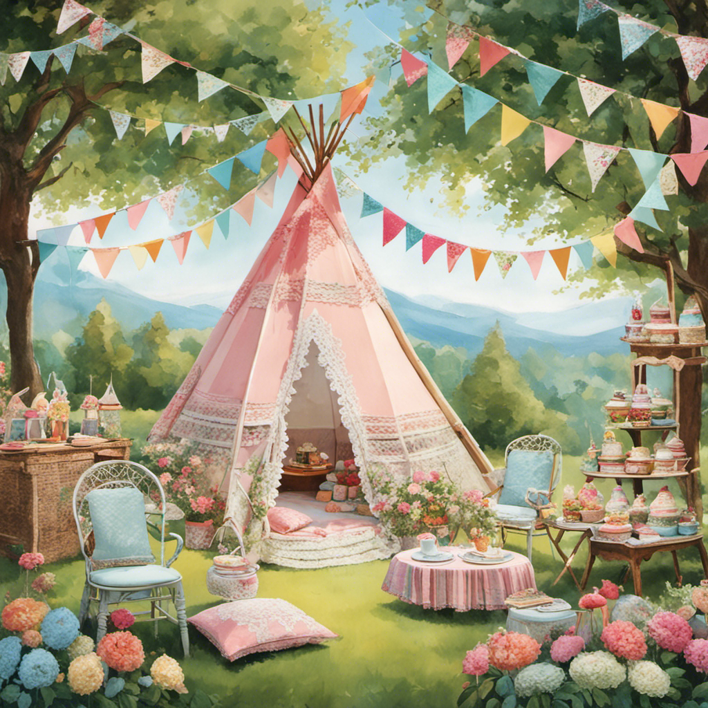 A vibrant image showcasing an outdoor scene with a charming, pastel-hued tepee adorned with vintage lace bunting, retro floral-printed cushions, and mismatched antique chairs, while guests indulge in a whimsical tea party