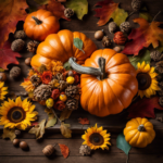 An image capturing the essence of fall harvest decor, featuring a hand holding a vibrant orange pumpkin, surrounded by colorful leaves, acorns, and sunflowers, all arranged on a rustic wooden table