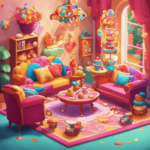 An image showcasing a cheerful Cookie Run character arranging vibrant furniture and intricate decorations in a spacious, colorful room, demonstrating various strategies to earn Decor Points