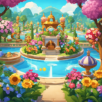 An image showcasing a player's avatar planting vibrant flowers in a whimsical garden, surrounded by various decorative items like sparkling fountains, elegant statues, and colorful lanterns, all contributing to earning decor points in Cookie Run Kingdom