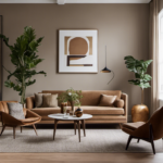 An image showcasing a minimalistic living room adorned with a tasteful blend of earthy tones and botanical accents