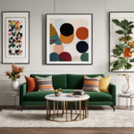 An image showcasing a cozy living room with a mid-century modern sofa, adorned with colorful geometric pillows, a sleek marble coffee table, and a gallery wall featuring eclectic artwork and botanical prints