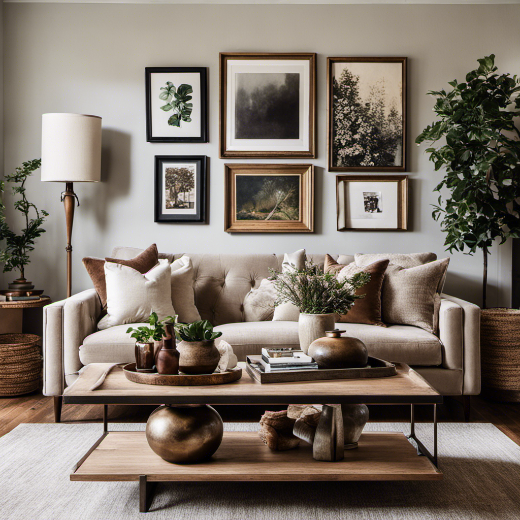 a cozy living room with neutral tones, adorned with plush velvet pillows, a rustic wooden coffee table, and a gallery wall showcasing vintage art pieces
