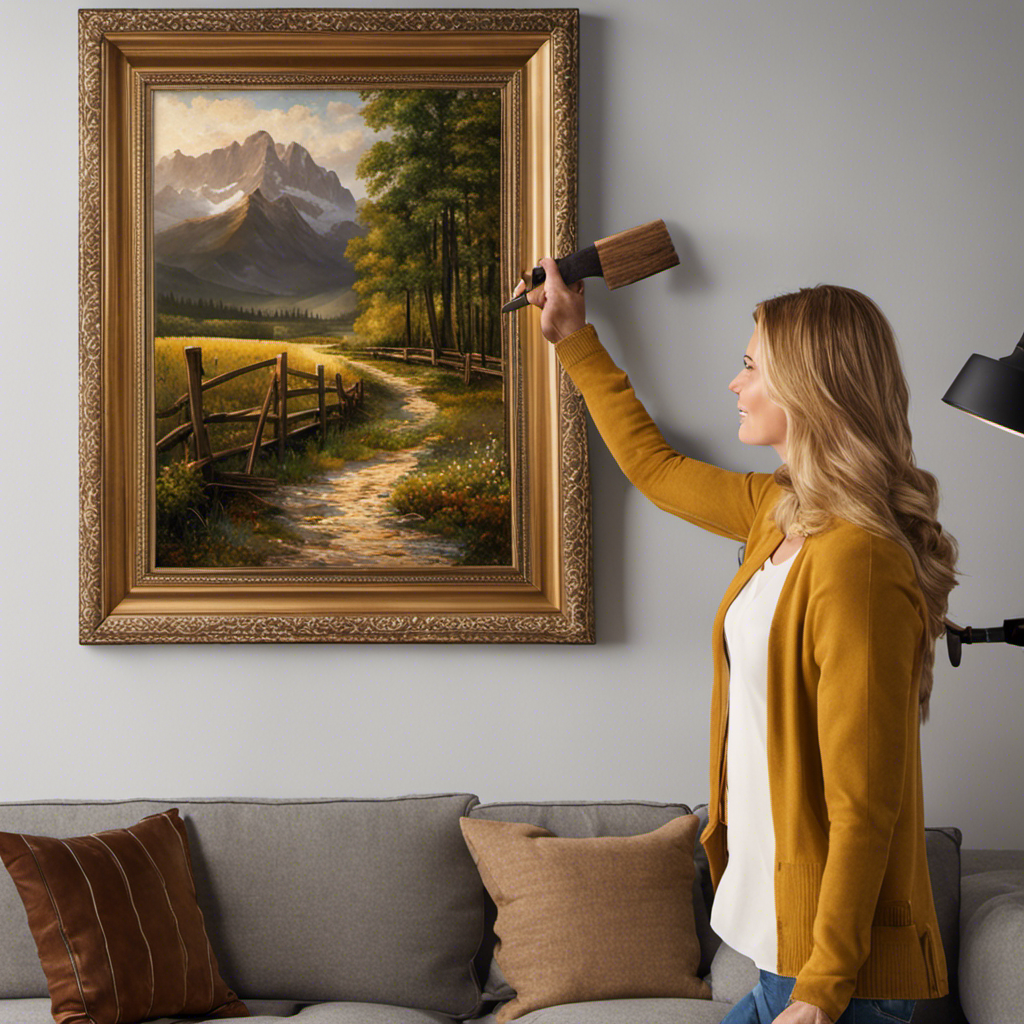 An image showcasing a step-by-step guide to fixing wall decor: a person holding a level to align a framed picture, then using a hammer to secure it, followed by a final, perfectly hung artwork