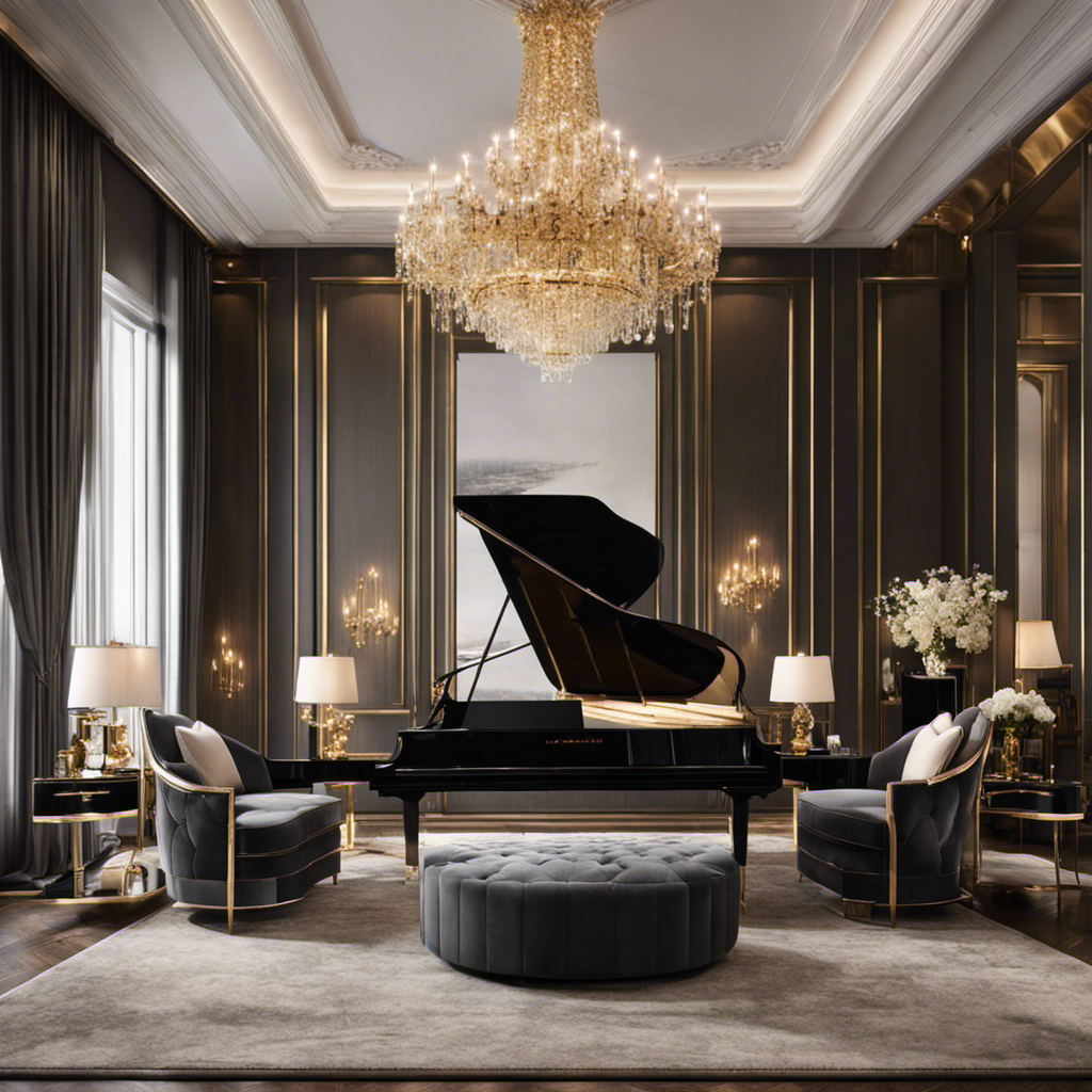 An image showcasing a luxurious living room with exquisite chandeliers, plush velvet sofas accented by gold-trimmed cushions, a grand piano, and floor-to-ceiling windows overlooking a stunning cityscape – the epitome of achieving 30k decor points