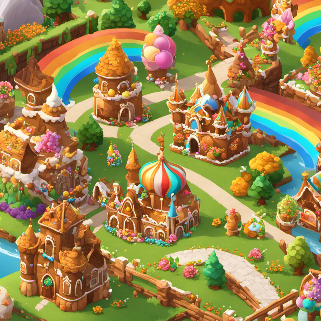 An image showcasing a rainbow-hued, sprawling kingdom landscape adorned with ornate, towering gingerbread castles, vibrant fields of frosting flowers, and sparkling chocolate fountains, exemplifying the secrets to amassing abundant decor points in Cookie Run Kingdom