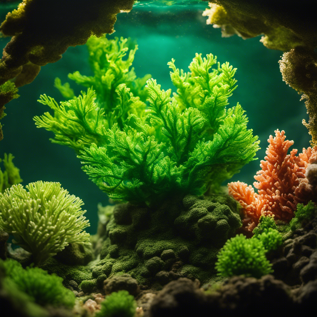 An image showcasing a hand gently scrubbing vibrant green algae off a decorative coral ornament in a crystal-clear aquarium