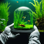 An image showcasing a pair of gloved hands gently scrubbing an aquarium decoration covered in stubborn green algae, with tiny particles of algae floating in the water and a soft brush nearby