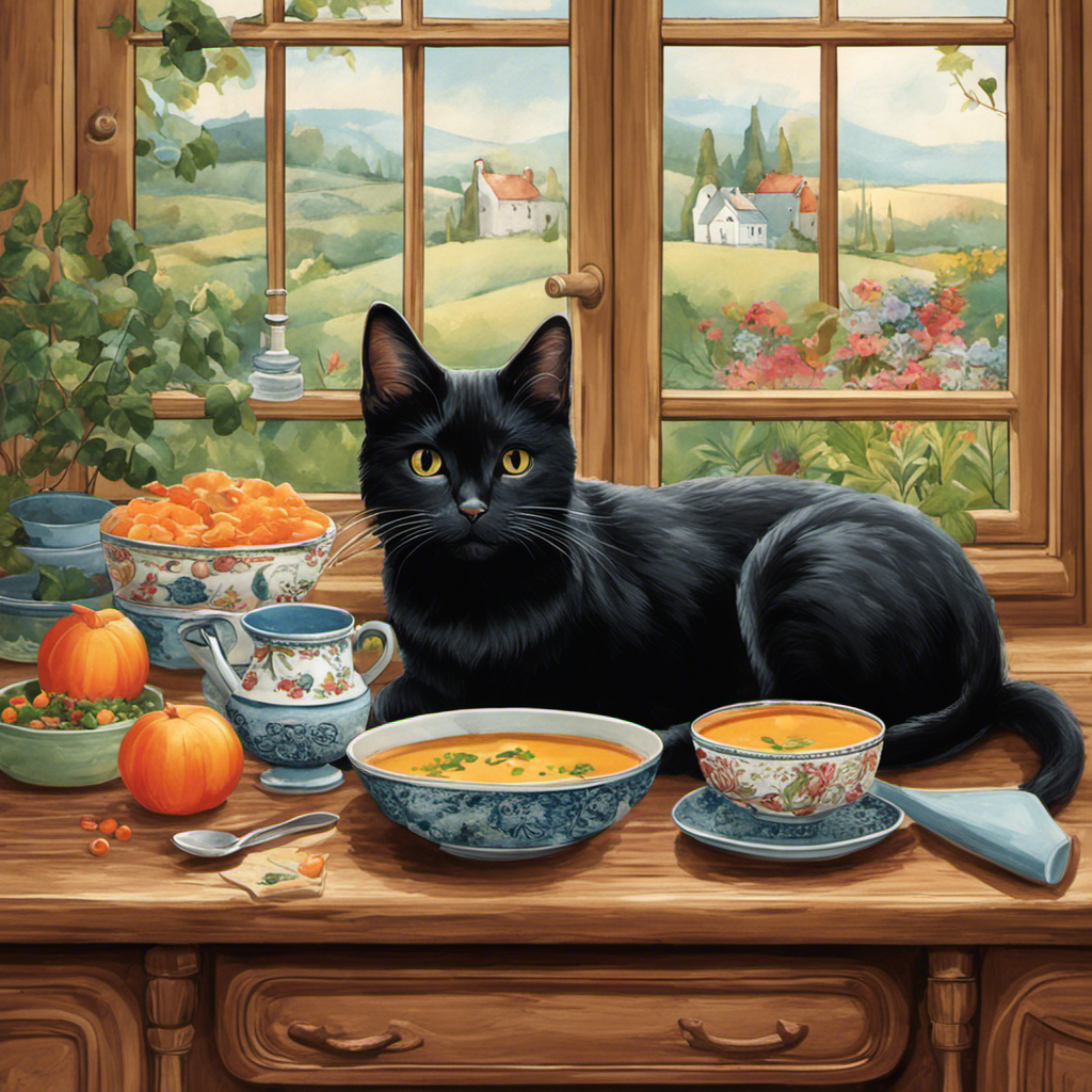 An image showcasing a cozy kitchen with a whimsical cat-themed decor