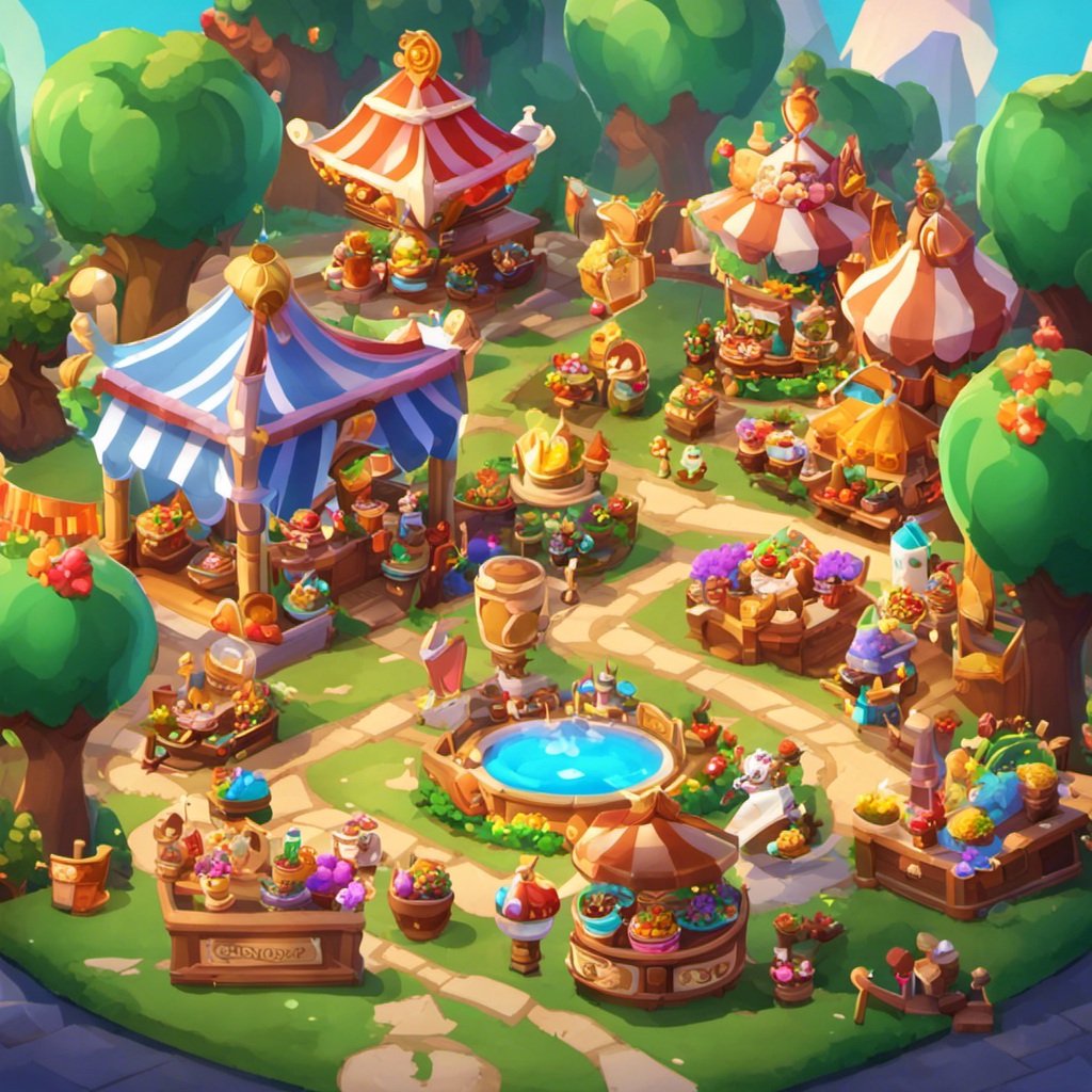 An image showing a cheerful, bustling marketplace where Cookie Run Kingdom players can exchange magical tokens for a variety of whimsical decorations