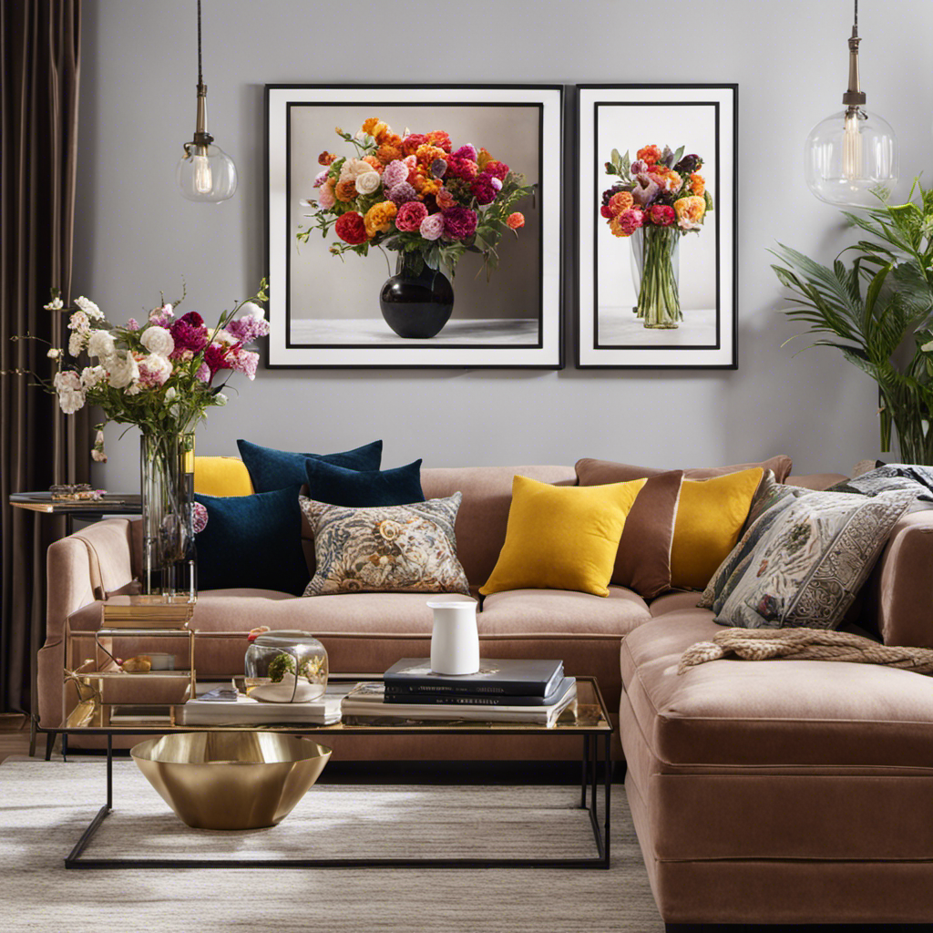 An image featuring a stylish living room with a variety of decorative elements, such as art prints, vibrant throw pillows, unique vases with fresh flowers, and an aesthetically pleasing arrangement of books on a coffee table