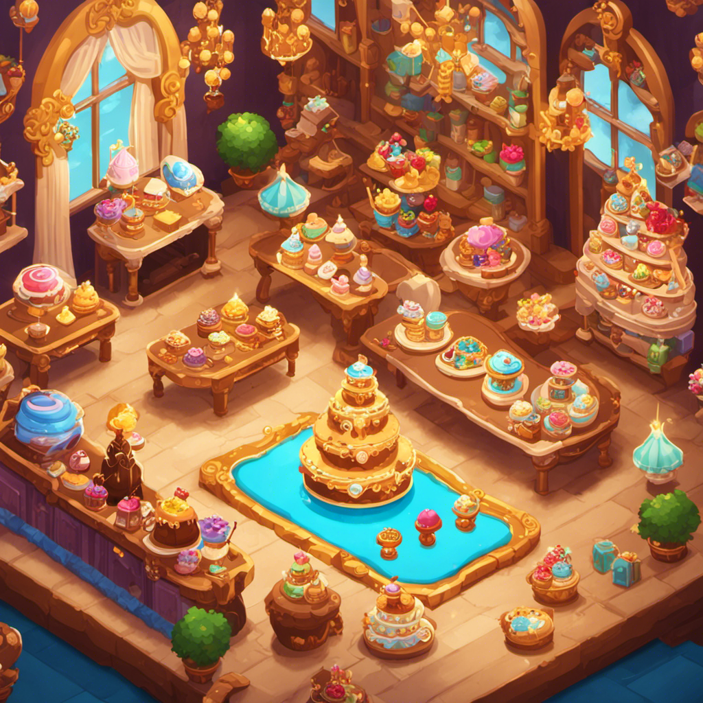 An image showcasing a vibrant Cookie Run Kingdom scene, where a cheerful cookie character joyfully interacts with a sparkling, fully furnished Decor Shop