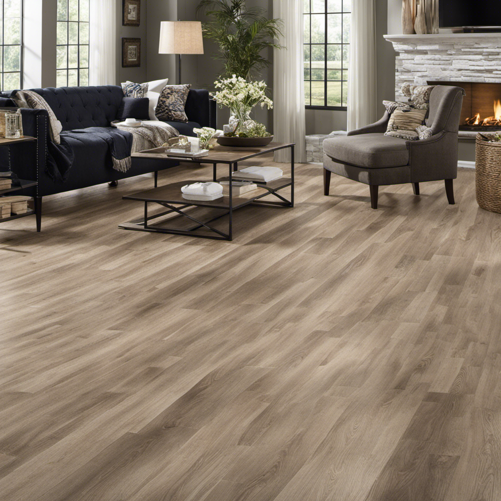 An image showcasing a diverse group of customers at Floor and Decor, eagerly browsing through a wide selection of discounted tiles, carpets, and hardwood floors