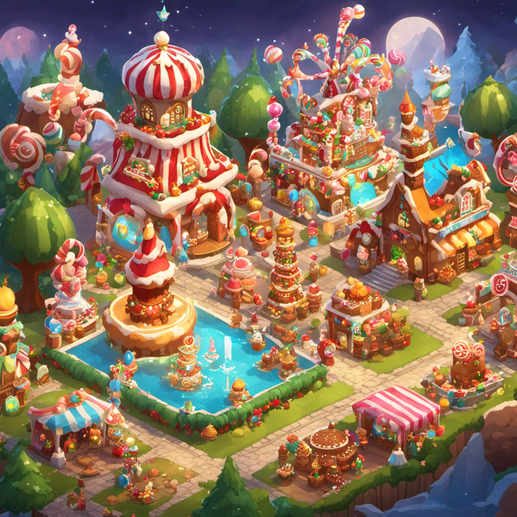 An image showcasing a colorful kingdom filled with elaborate, enchanting decorations: towering candy cane trees, glistening crystal fountains, whimsical gingerbread houses, and a bustling market, to illustrate tips for maximizing Decor Points in Cookie Run Kingdom