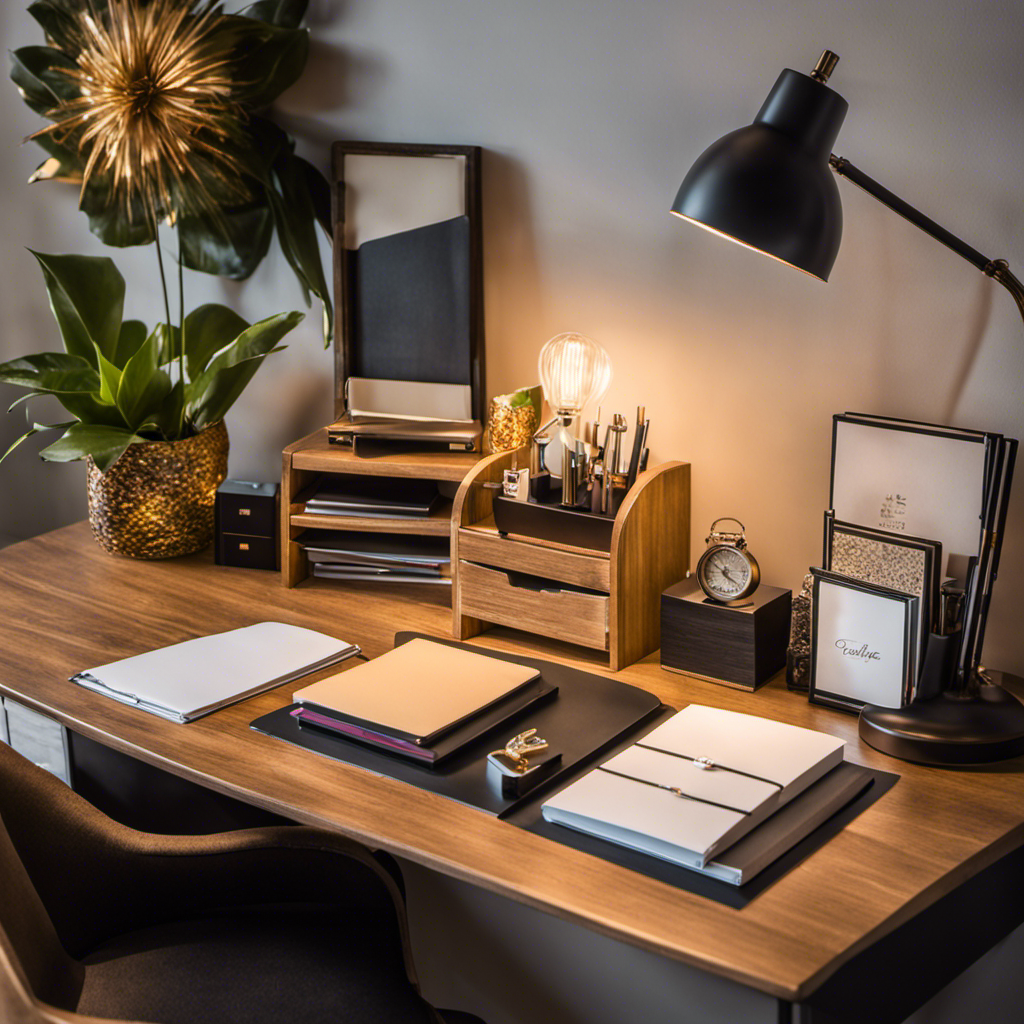 An image showcasing a well-organized desk adorned with paper-related decor