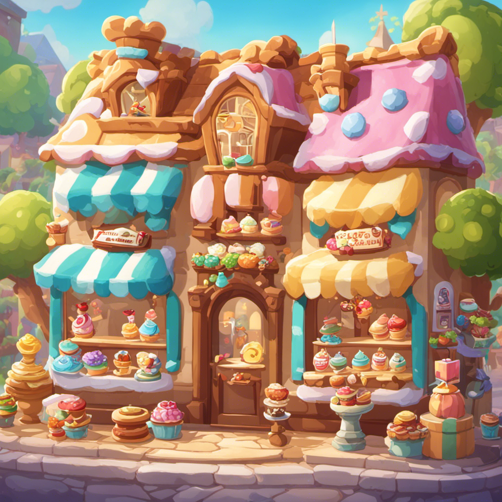 An image capturing a charming village square with a vibrant storefront decorated in pastel hues