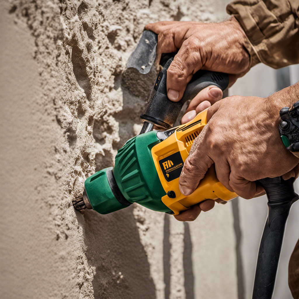 An image showcasing a hand using a masonry drill to make precise holes in a stucco wall, followed by a person gently hammering in anchors and attaching decorative items, demonstrating step-by-step how to hang decor on stucco