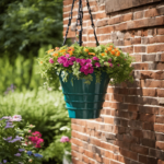 An image capturing the step-by-step process of hanging outdoor decor on brick: a hand drilling a pilot hole, inserting an anchor, attaching a sturdy hook, and finally, suspending a vibrant hanging basket