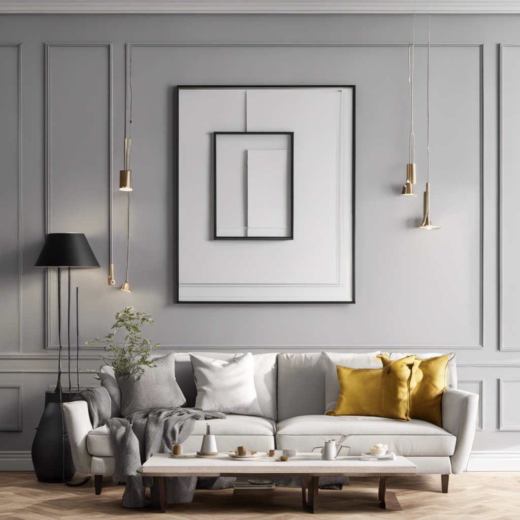 An image showcasing a step-by-step guide on hanging wall decor without nails: Start with a blank wall, place adhesive strips on the back of the decor, press firmly, and enjoy a perfectly adorned space