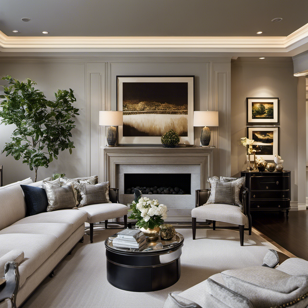 An image capturing a spacious living room with a symmetrical arrangement of framed artwork hung at eye level