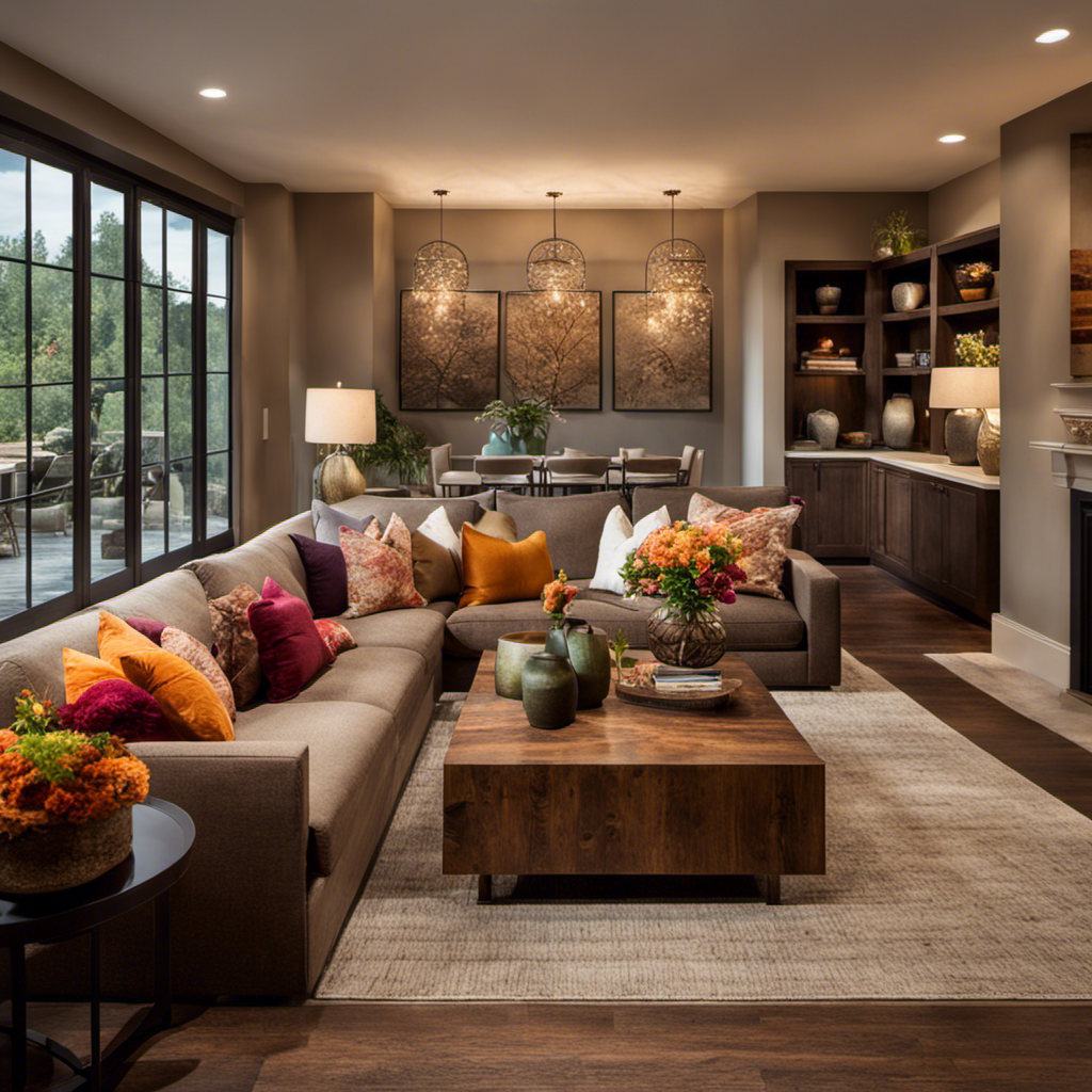 An image capturing a cozy living room adorned with a plush, earth-toned sofa complemented by vibrant throw pillows, a rustic wooden coffee table adorned with a vase of fresh flowers, and soft, ambient lighting casting warm hues across the space