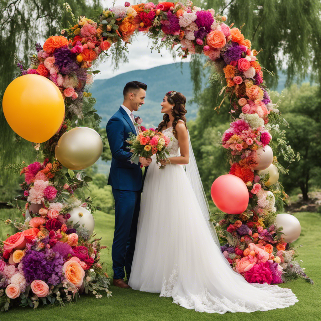 An image showcasing a whimsical outdoor wedding scene with a bride and groom exchanging vows under a vibrant floral arch, adorned with large globe balloons in various colors, cascading from above