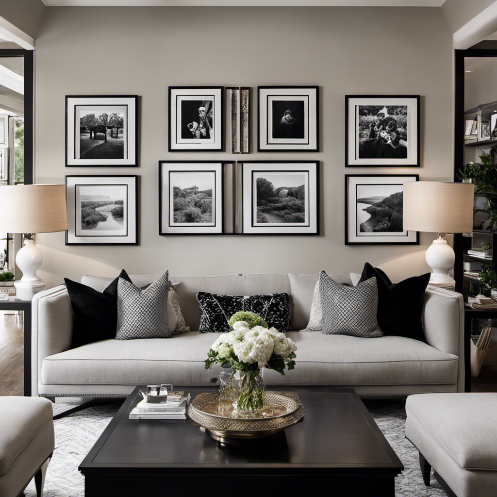 An image capturing a cozy living room, adorned with a symmetrical gallery wall filled with black-and-white family photographs of varying sizes, elegantly framed in sleek silver frames