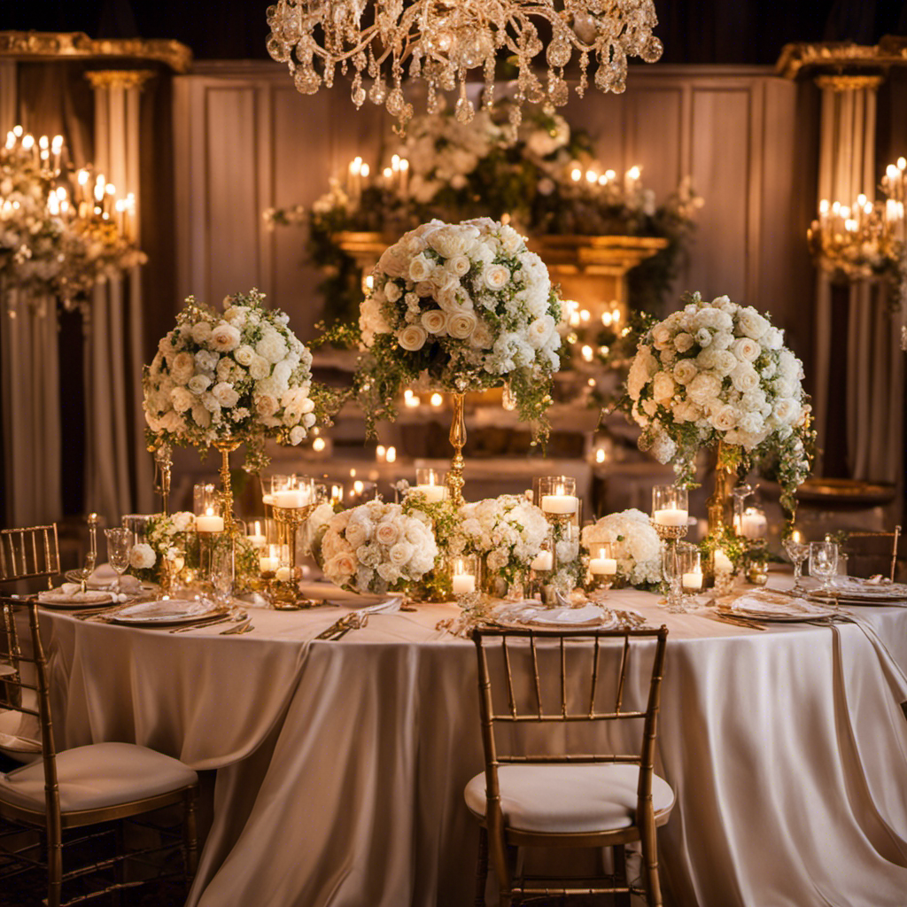 An enchanting image showcasing a wedding tablescape adorned with delicate floral centerpieces, flickering candlelight, and an opulent Ephemmy Crown perched atop flowing ivory fabric, exuding regal elegance
