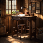  an inviting scene where a charming, weathered old school desk takes center stage, nestled against a backdrop of rustic wooden walls adorned with vintage educational posters
