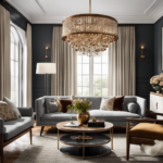 An image showcasing a stylish living room with a contemporary color palette, featuring a sleek mid-century sofa, a vintage wooden coffee table, and a statement antique chandelier