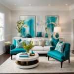 An image capturing a serene living room adorned with a neutral palette, where vibrant, turquoise throw pillows artfully punctuate a sleek white sofa, infusing the space with lively pops of color