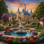 An image showcasing a vibrant kingdom scene with a grand castle adorned with colorful banners, surrounded by meticulously manicured gardens featuring elegant flowerbeds, graceful fountains, and charming decorative statues