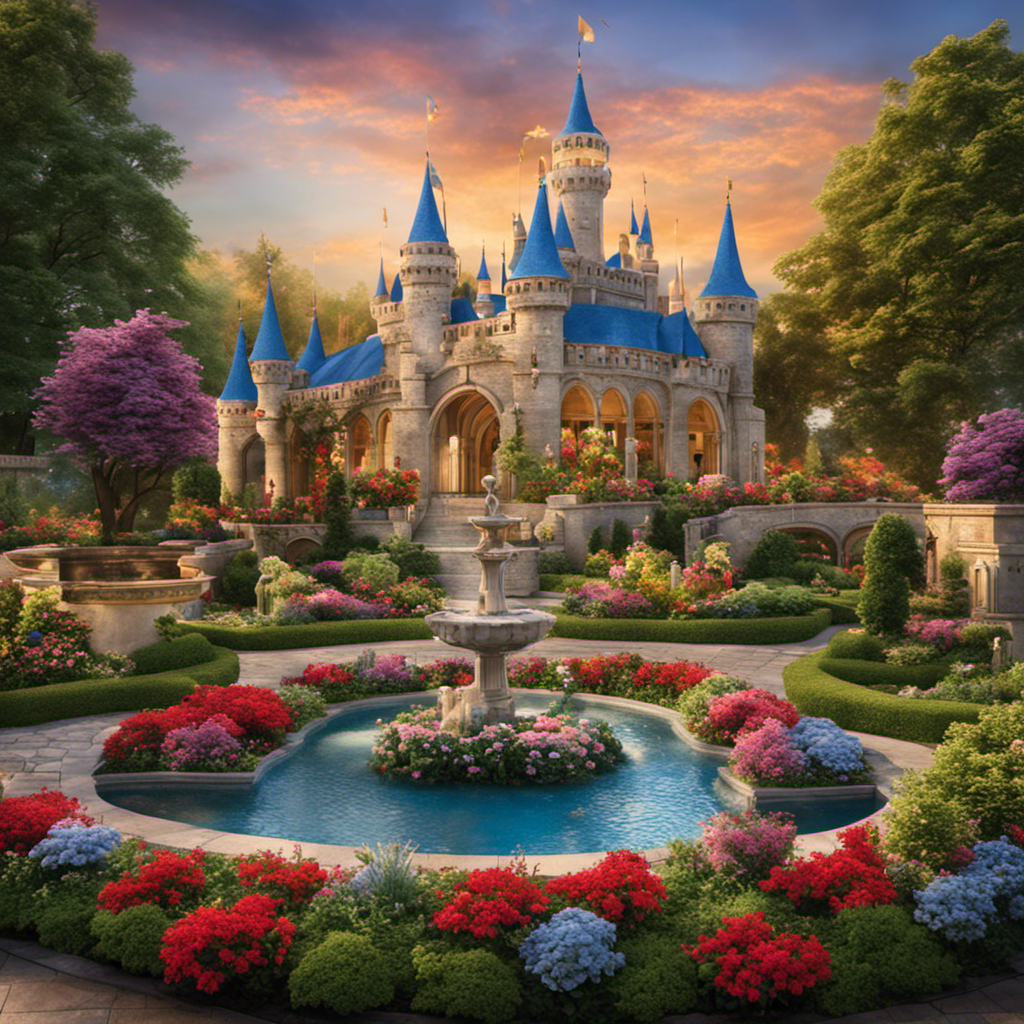 An image showcasing a vibrant kingdom scene with a grand castle adorned with colorful banners, surrounded by meticulously manicured gardens featuring elegant flowerbeds, graceful fountains, and charming decorative statues