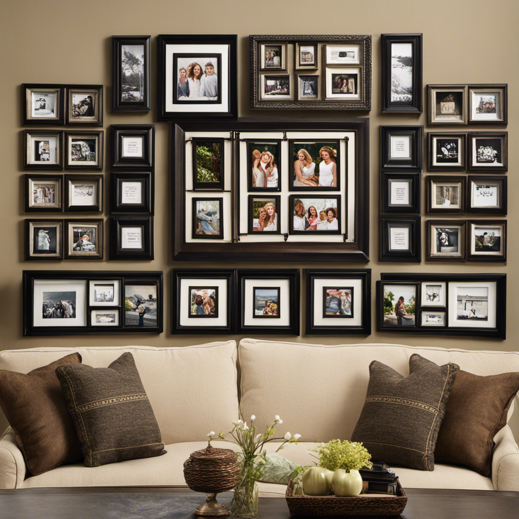 An image showcasing a symmetrical arrangement of various-sized family-themed wall decor pieces, such as framed photographs, personalized signs, and inspirational quotes, thoughtfully displayed above two cozy couches