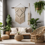 An image showcasing a serene living room adorned with beautiful macrame decor