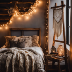 An image showcasing a cozy bedroom corner with a macrame wall hanging, fairy lights draped across a wooden ladder, a plush rug, and a stack of vintage books on a rustic side table