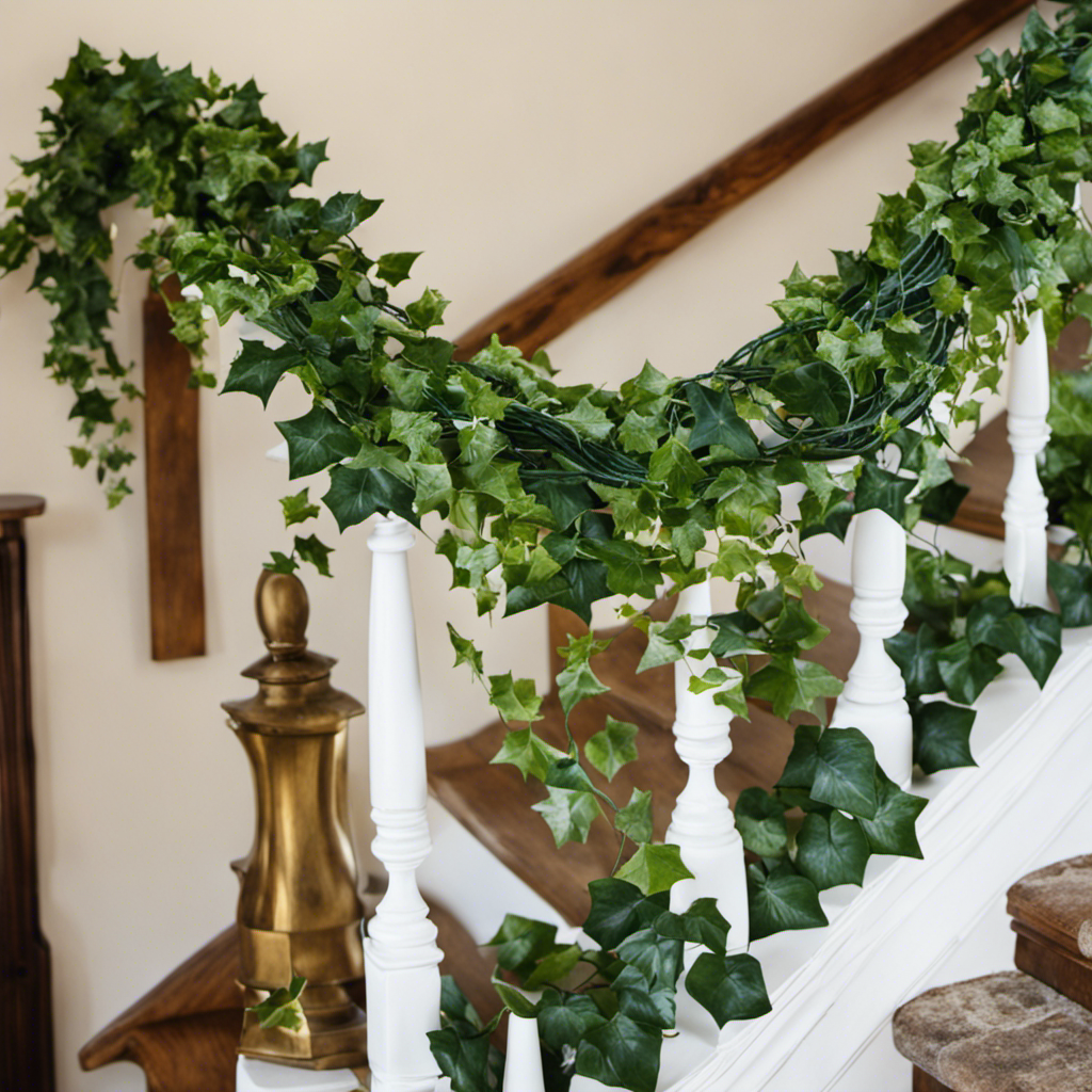 An image showcasing a step-by-step guide to crafting artificial ivy garland: a pair of hands meticulously intertwining lush green ivy leaves, securing them with floral wire, and draping the beautiful garland gracefully over a rustic wooden banister