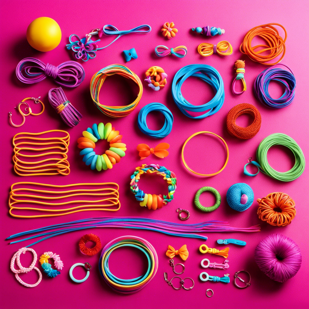 An image showcasing a vibrant assortment of DIY rubber band decor, including intricately woven bracelets, colorful keychains, and stylish hair accessories, all arranged neatly on a table