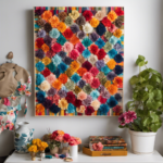 An image that showcases a step-by-step tutorial on making DIY home decor, featuring a set of hands meticulously arranging colorful fabric patches onto a canvas, with scissors, glue, and a sewing machine nearby