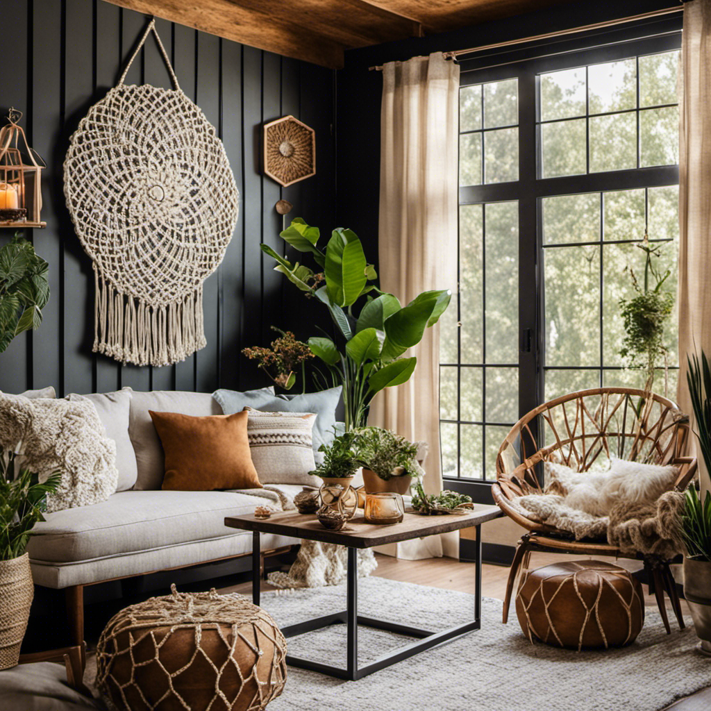 An image of a cozy living room adorned with handcrafted macrame wall hangings, vibrant DIY throw pillows, and a rustic wooden sign