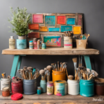 An image showcasing a cozy workspace with a wooden table covered in paint brushes, stencils, and vibrant paint pots