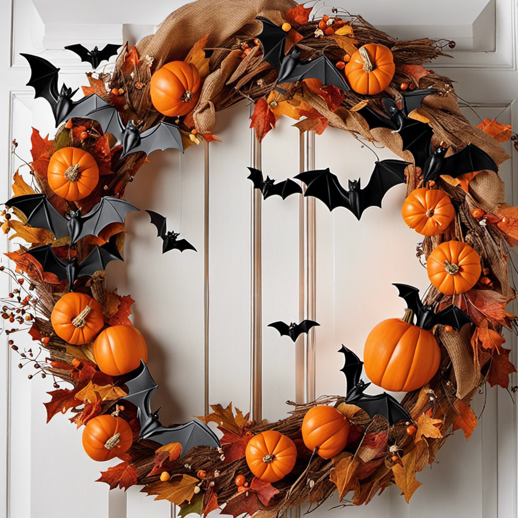 An image showcasing a vibrant, pumpkin-themed wreath adorned with hand-painted bats and spiders, hanging on a rustic wooden door