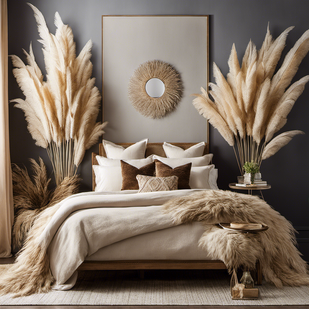 An image of a bohemian-inspired room with a large wall adorned with natural pampas grass plumes