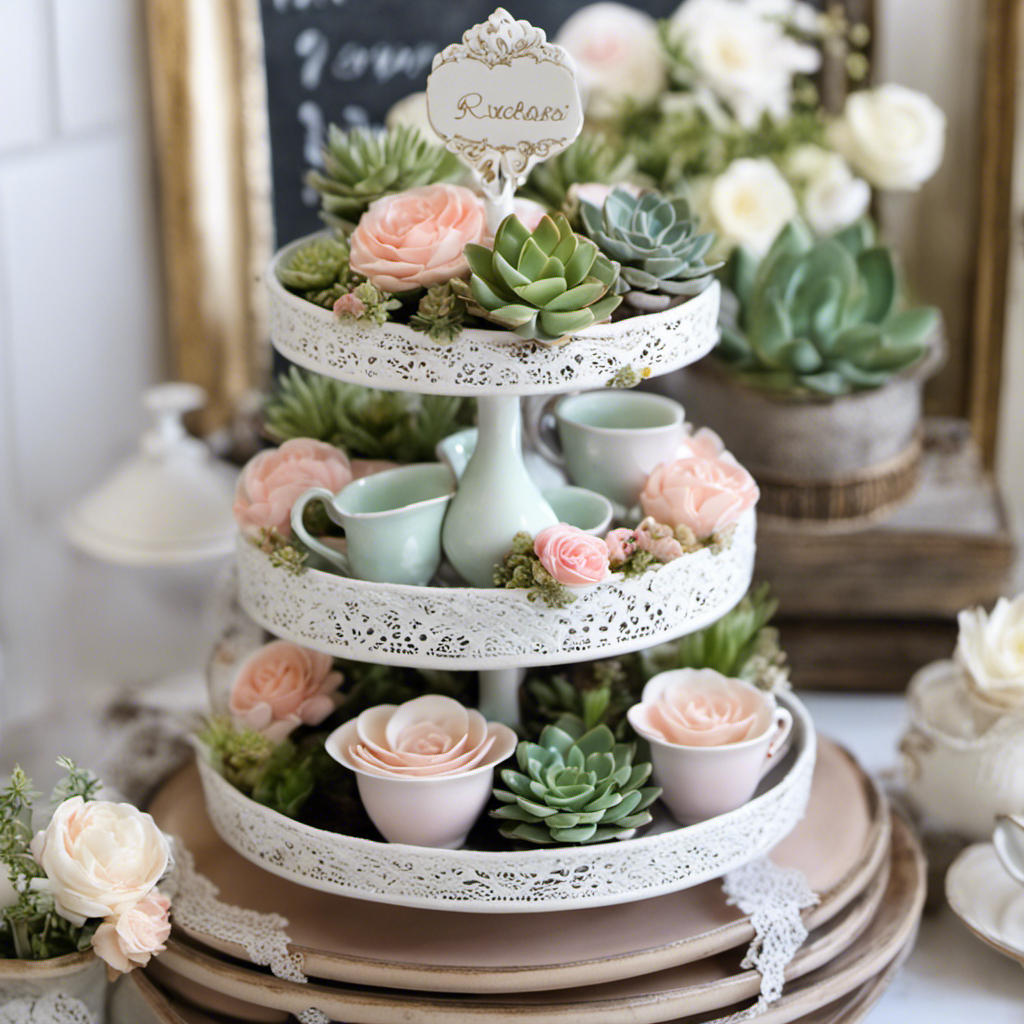 An image showcasing a beautifully styled tiered tray decorated with delicate porcelain teacups, vintage succulents, and a dainty lace runner