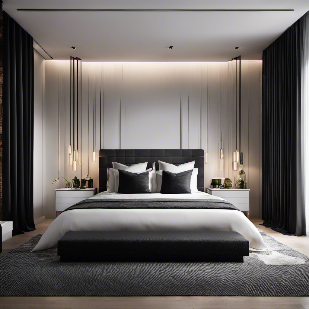 An image showcasing a minimalist bedroom adorned with elegant black fabric wall decor