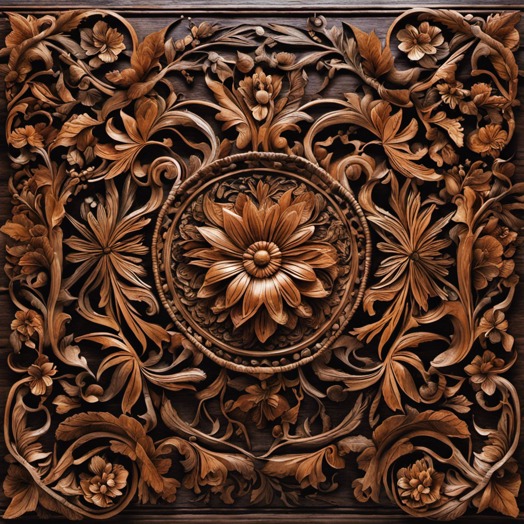 An image featuring a pair of skilled hands gracefully carving intricate floral patterns into a rustic wooden plank, surrounded by an array of vibrant paintbrushes, chisels, and wood shavings
