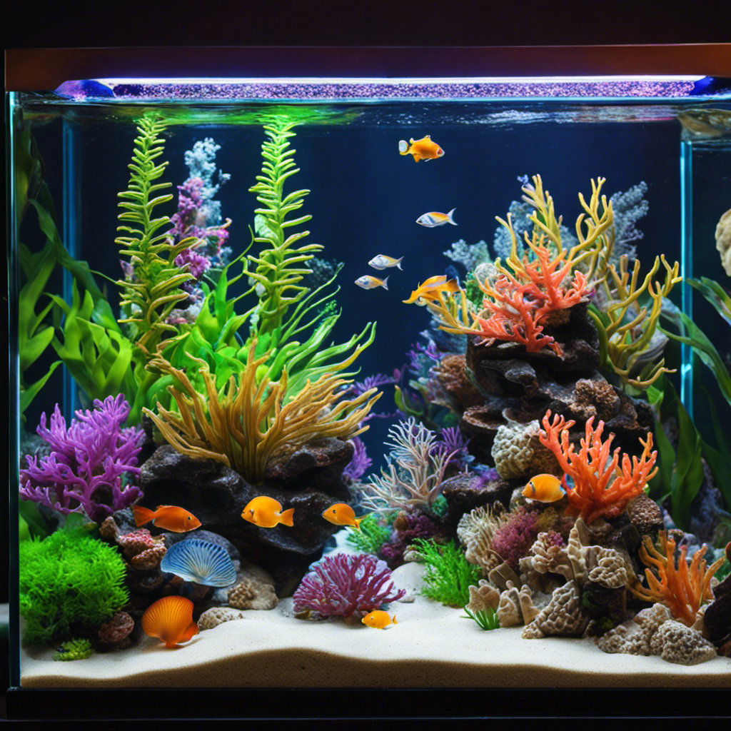 An image showcasing a vibrant underwater scene in a fish tank, featuring intricate DIY decorations