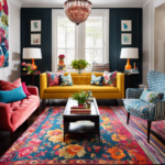 An image showcasing a vibrant living room with an eclectic mix of busy prints in various sizes and colors
