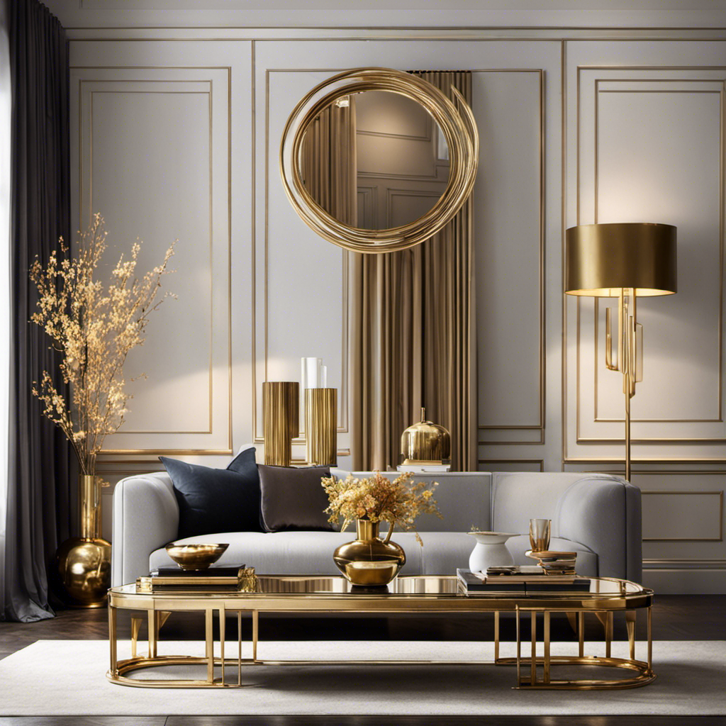 An image showcasing a sleek living room interior with a gold-framed mirror reflecting the warm glow of brass candleholders atop a silver tray, harmoniously blending metals in decor